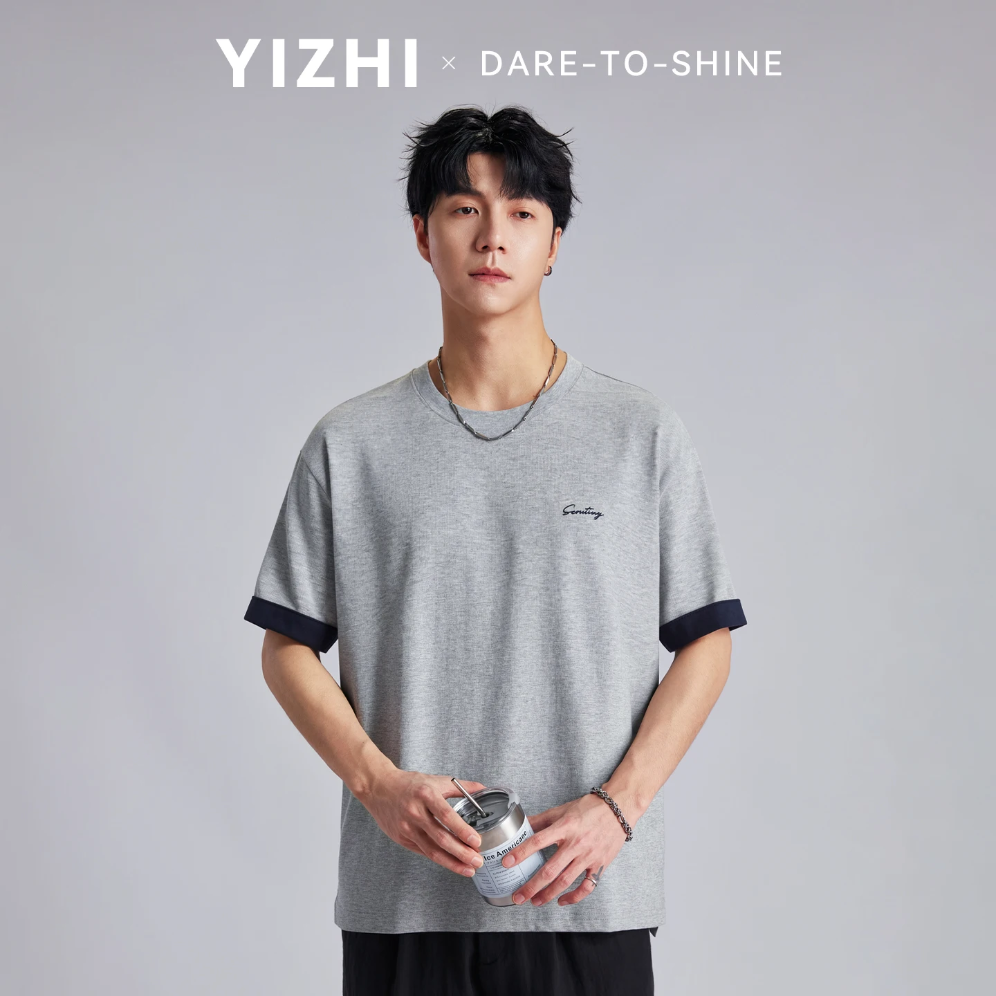 Fashion Men's 230GSM Heavyweight Letter Embroidered Tee Color Block 3D Loose Breathable Short Sleeve