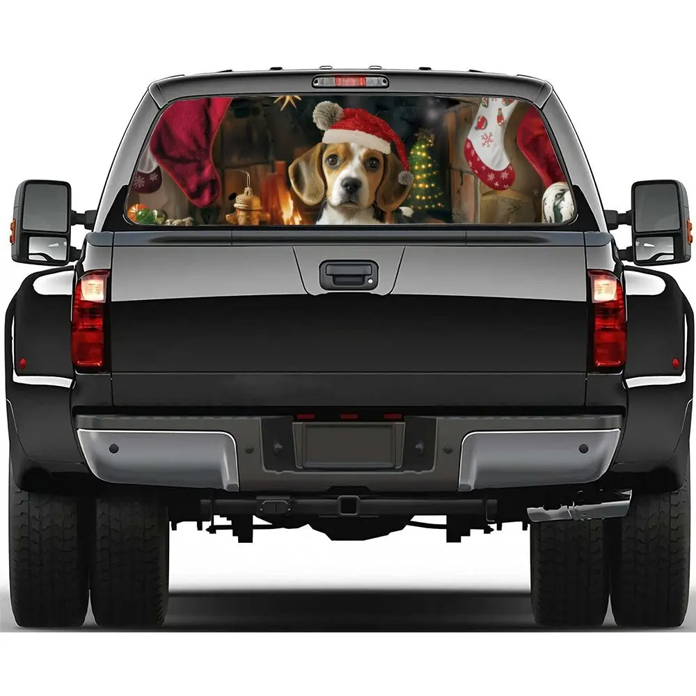 

Dogs Wearing Christmas Hats Car Rear Windshield Sticker Truck Window See Through Perforated Back Window Vinyl Decal Decoration