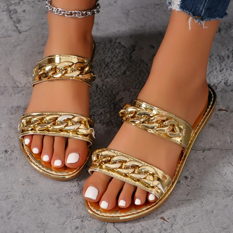 Women Slippers 2024 Summer Fashion Gold Sexy Elegant Flat Sandals Women Sandals Lightweight Comfortable Women Slippers Slides