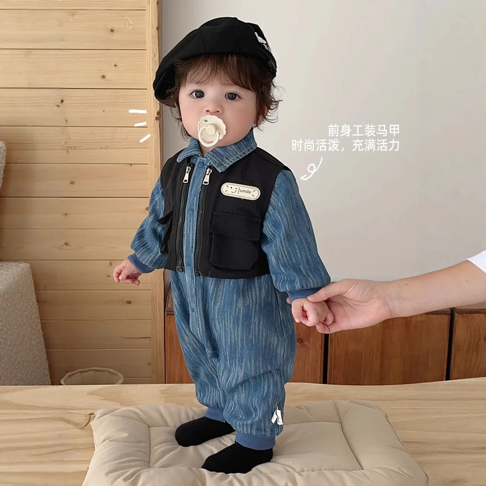 Baby Super Cute Set 2025 New Winter Baby Korean Edition Vest Newborn Plush Cowboy Crawler Set Two Piece