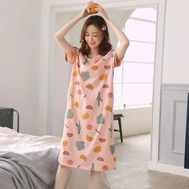 Women Sleeping Dress Korean Short Sleeve Nightgown 2024 Summer Plus Size Ladies Sleepwear Lounge Cartoon Print Pajamas Cute