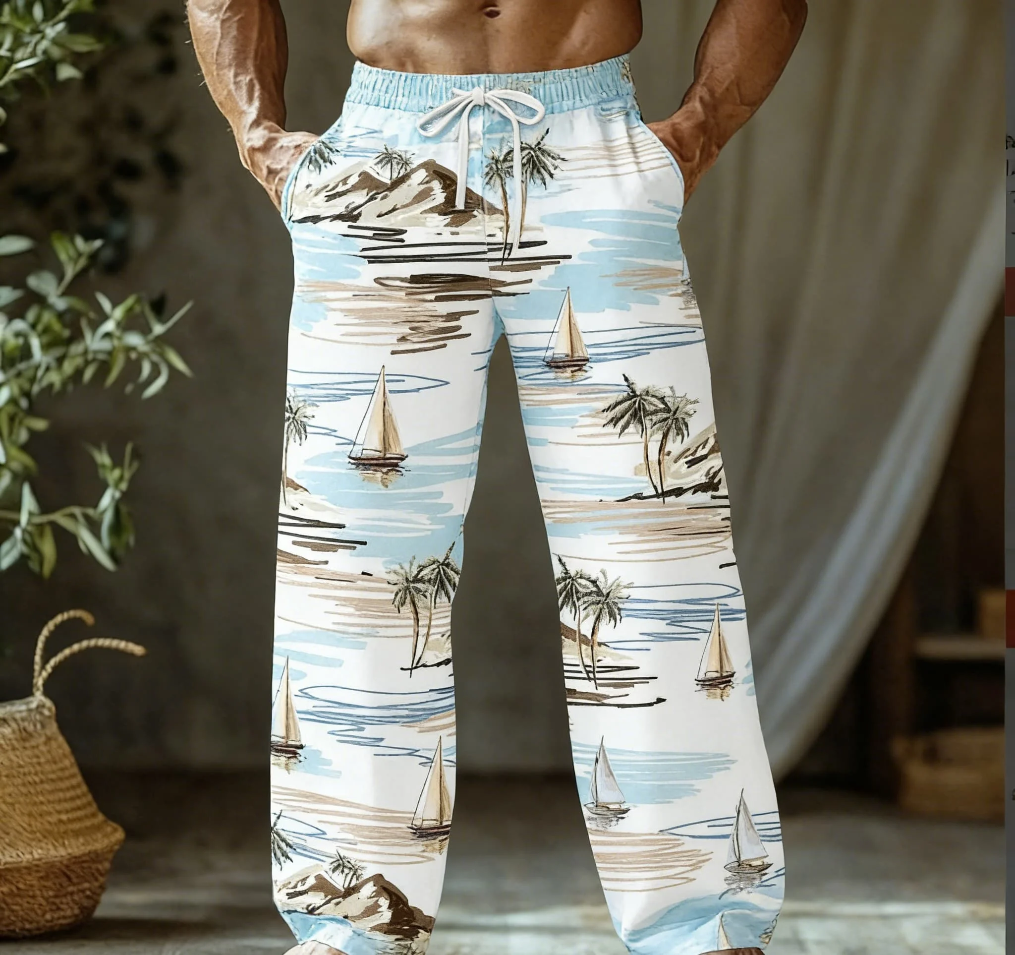 Men's Summer Thin Quick-Dry Hawaiian Tropical Style Casual Pants/Beach Pants