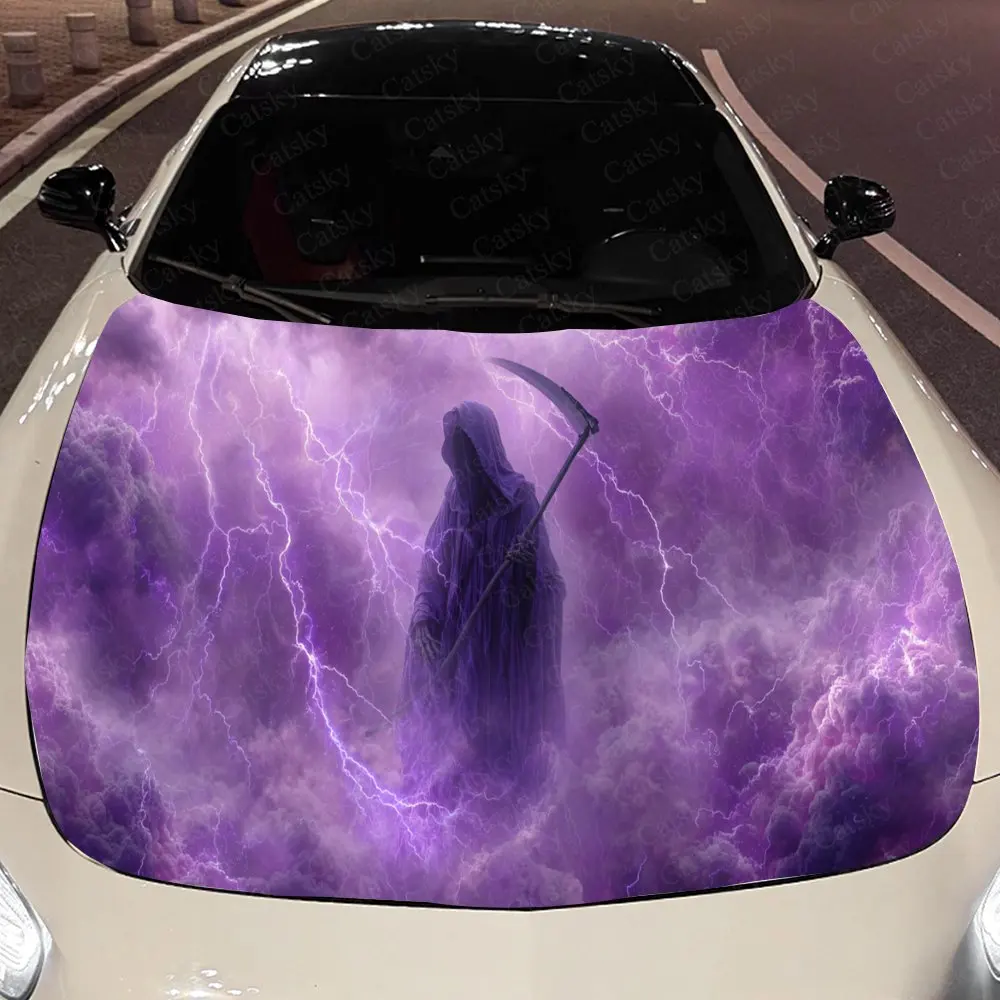 

Chilling Purple Lightning Grim Reaper and Clouds Auto Cover Sticker, Waterproof and Self-adhesive Auto Hood Decal, Auto Vinyl Wr