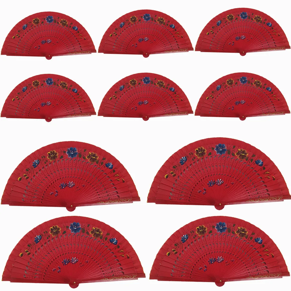 10 pçs vermelho tradicional espanhol pintado à mão ventilador dobrável recorte intrincado design floral dança flamenco decoração de casamento favores de festa