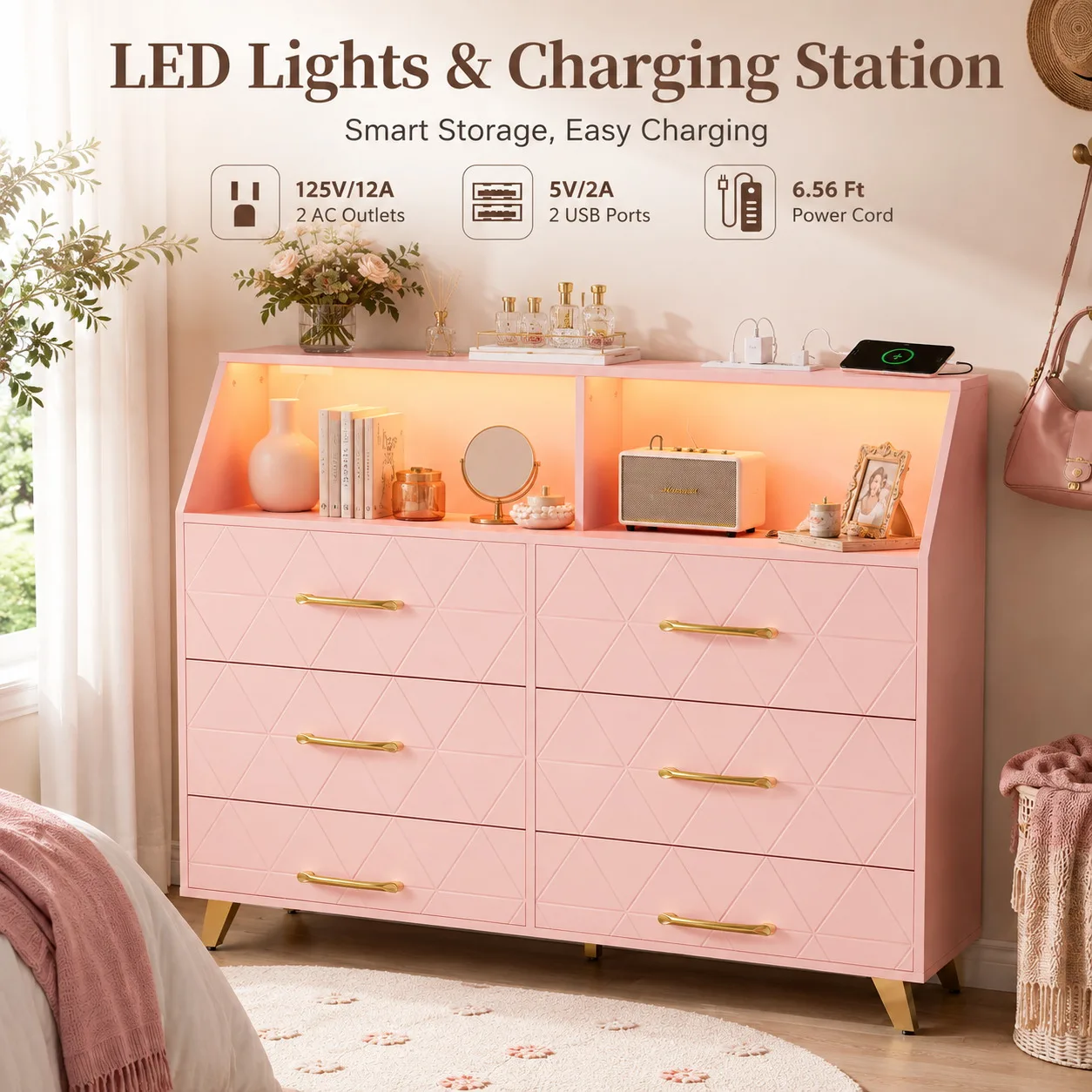 Modern 6 Drawer Dresser with LED Lights Charging Station Pink Wood Storage Cabinet Bedroom Chest of Drawers with Metal Legs Entryway Organizer