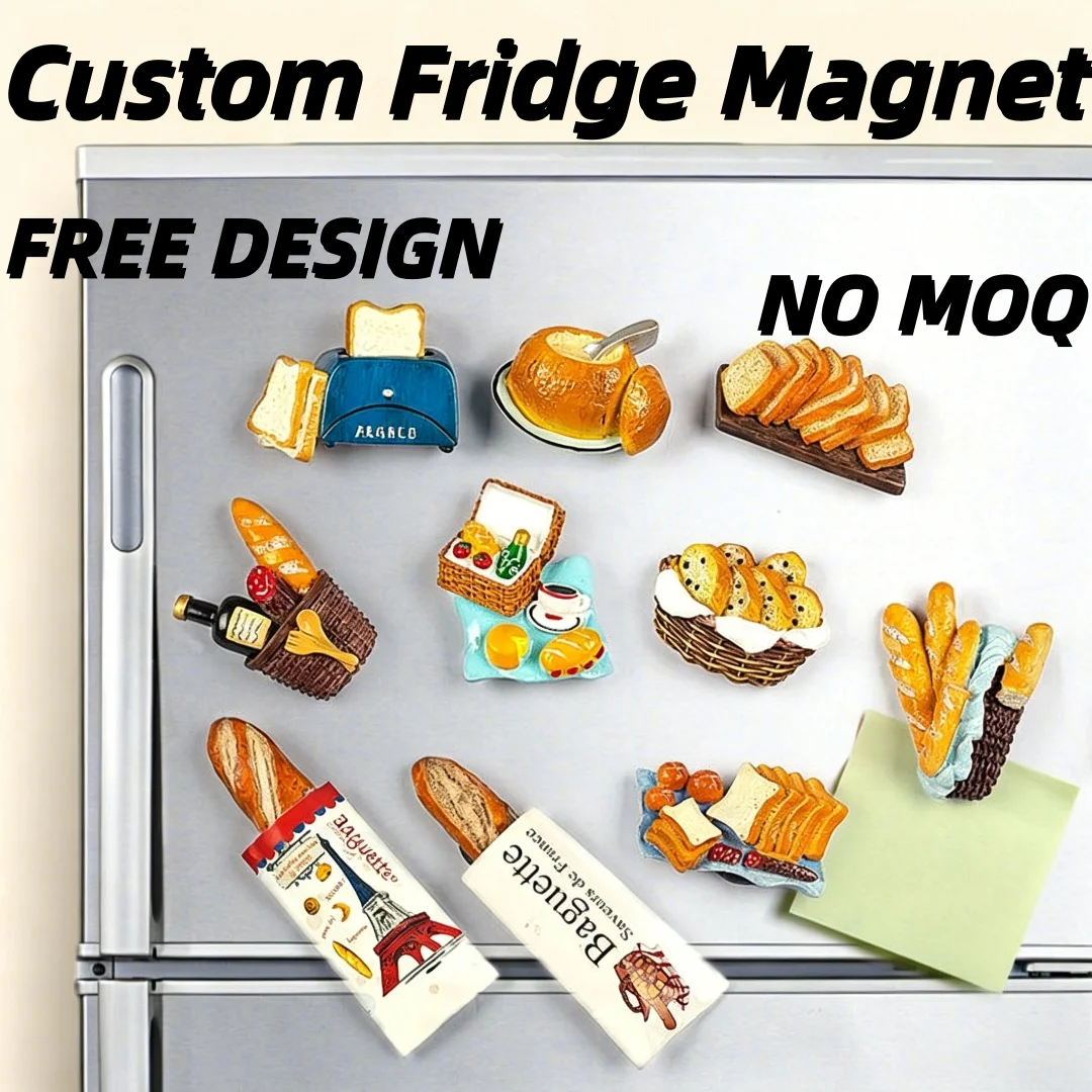 Wholesale Custom Resin Food Fridge Magnets 3D/2D Realistic Bread Burger Croissant Designs Magnet for Home Decoration & Souvenirs