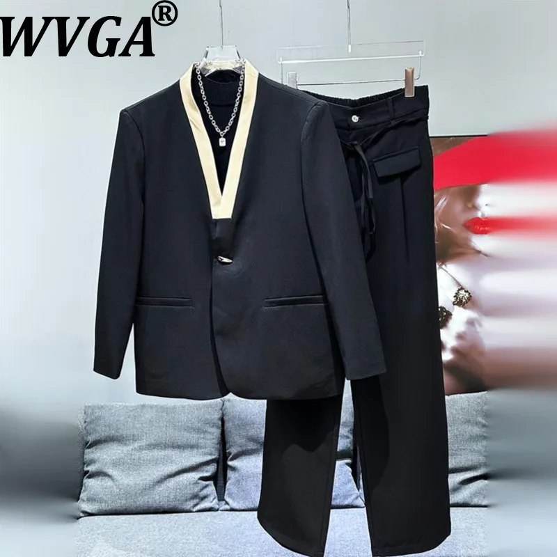 

WVGA весна осень новый мужской пиджак без воротника нишевый шикарный повседневный прямой костюм брюки дизайн с цветными блоками комплект из двух предметов W15632