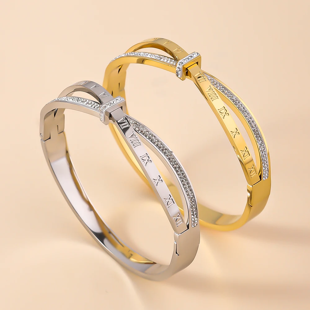 

ZHIRUI High-quality Stainless Steel Cuff Bracelet Bangle For Women, Luxurious Zircon Geometric Knot Gold Color Metal Bracelet
