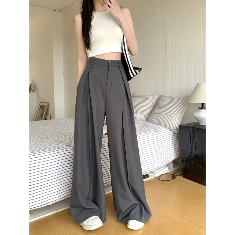 Damen-Hose mit hoher Taille und weitem Bein, lockere, bequeme Freizeithose mit Falten