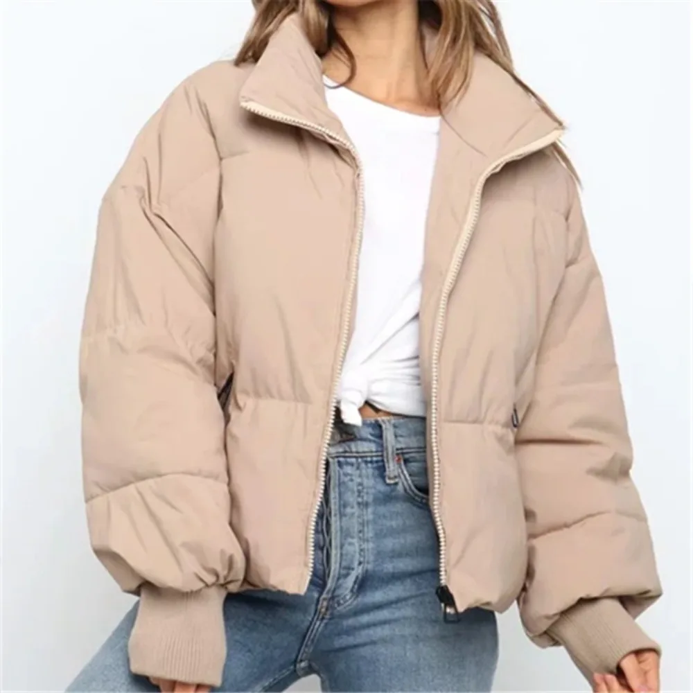 

Casual Solid Cotton Coat Women Stand Collar Long Sleeve Thick Warm Jacket 2023 Winter Button Padded Overcoats Fashion Parkas