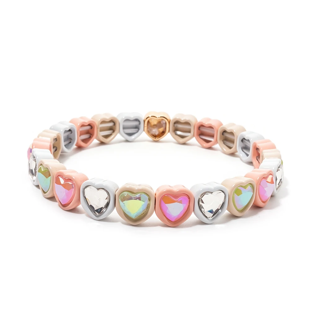 Boho Neutral Macaron Enamel Beaded Bracelet Set Heart Square Round Opal Crystal Elastic Stack Bracelets Trendy Women Girls