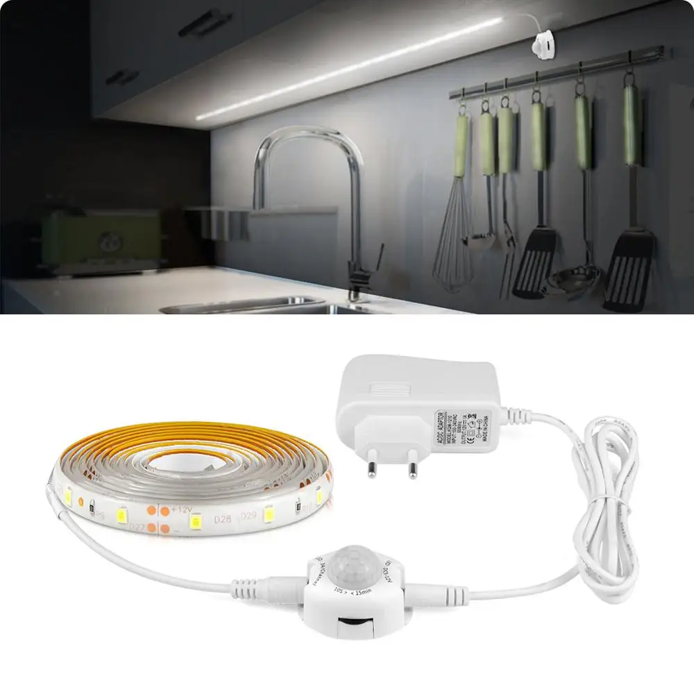 Smart PIR Motion Sensor Night light 12V LED lamp Strip adhesive Tape for home Stair Closet Kitchen Wardrobe luminaria 110V 220V