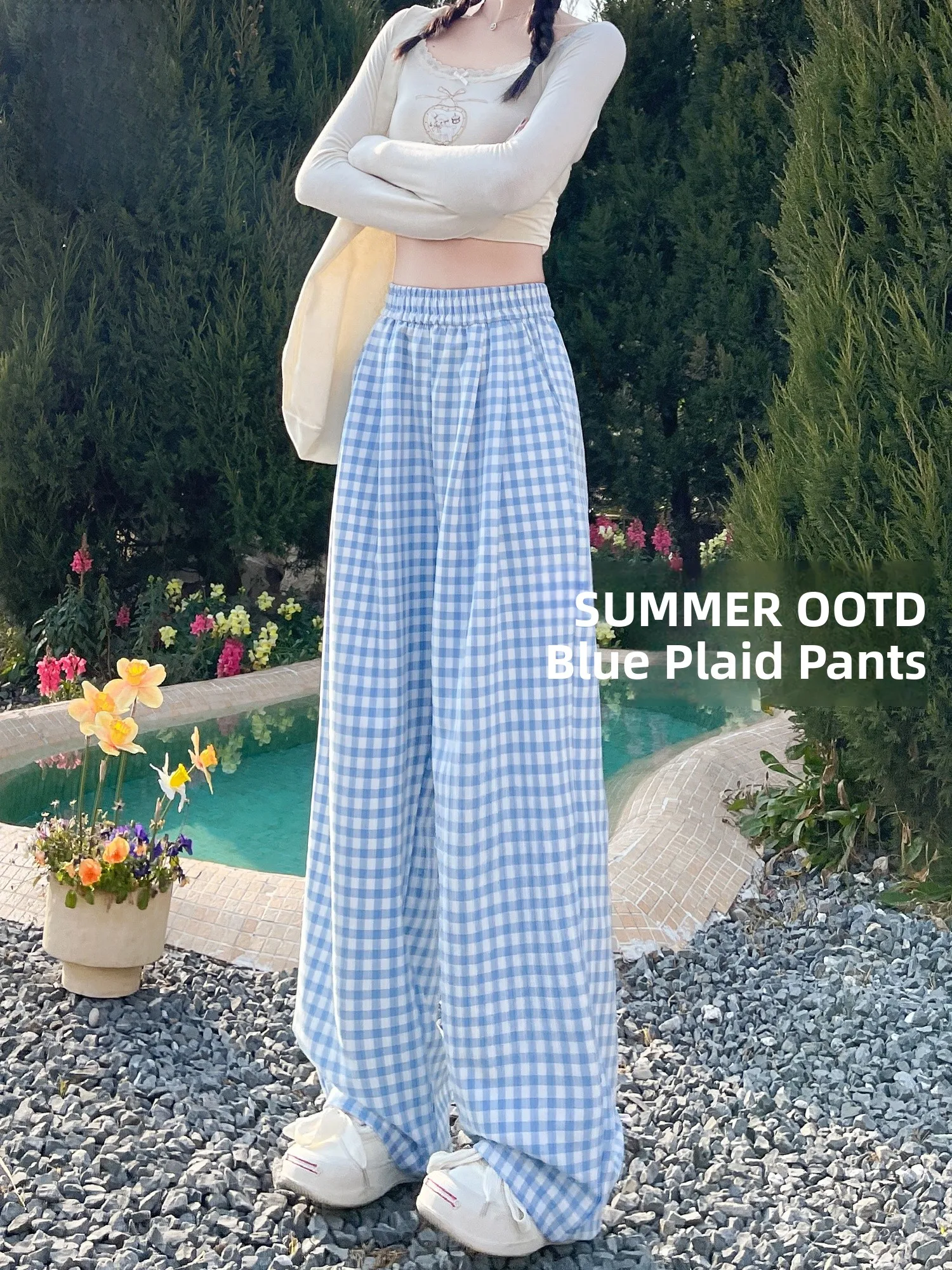

Blue Plaid Wide Leg Pants Women's Summer Thin Dopamine Casual Narrow Version Drape Straight Grid Pattern Trousers