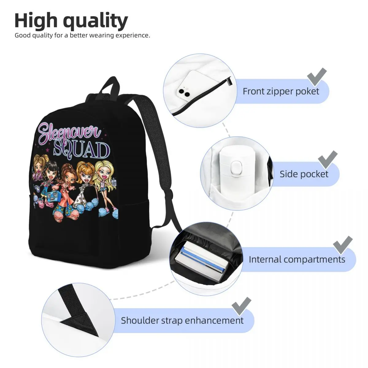 Bratz Group Shot Sleepover Squad Sac à dos en toile pour adolescents, sac à dos d'affaires pour le lycée, sacs pour ordinateur portable pour hommes et femmes, cadeau