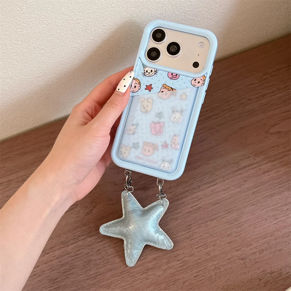 

Kawaii Cartoon Phone case With 3D Star cCharm Cases for iPhone 16 Pro Max 17 16 15 17 Pro 15 Pro Cover With Card Holder Cases