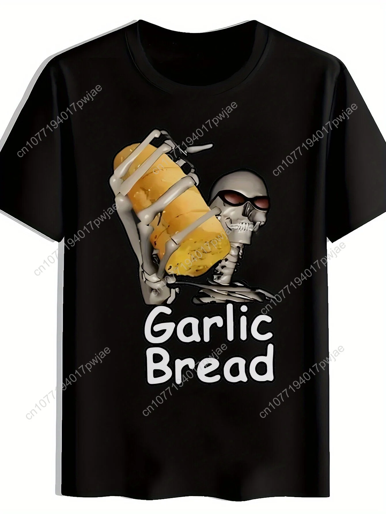 

Men's Black Graphic Tee - Funny "GARlic BREAD" Skeleton Design, Casual Round Neck Short Sleeve T-Shirt, Lightweight Polyester, S