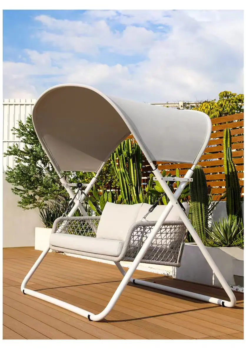 Modern double-seater aluminium garden swing chair with waterproof cushion and canopy, outdoor patio furniture