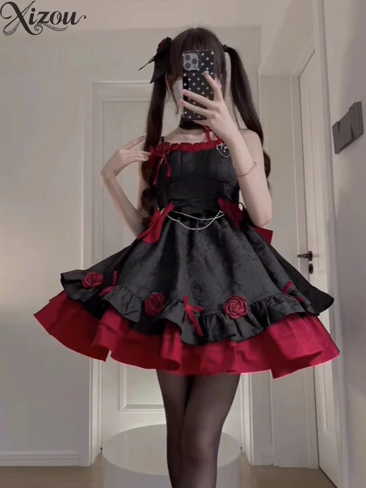 

2025 Spring Summer Women's Dresses Black and Red Lolita Style Romantic Y2k Punk Style ladies Princess Dress with Trailing