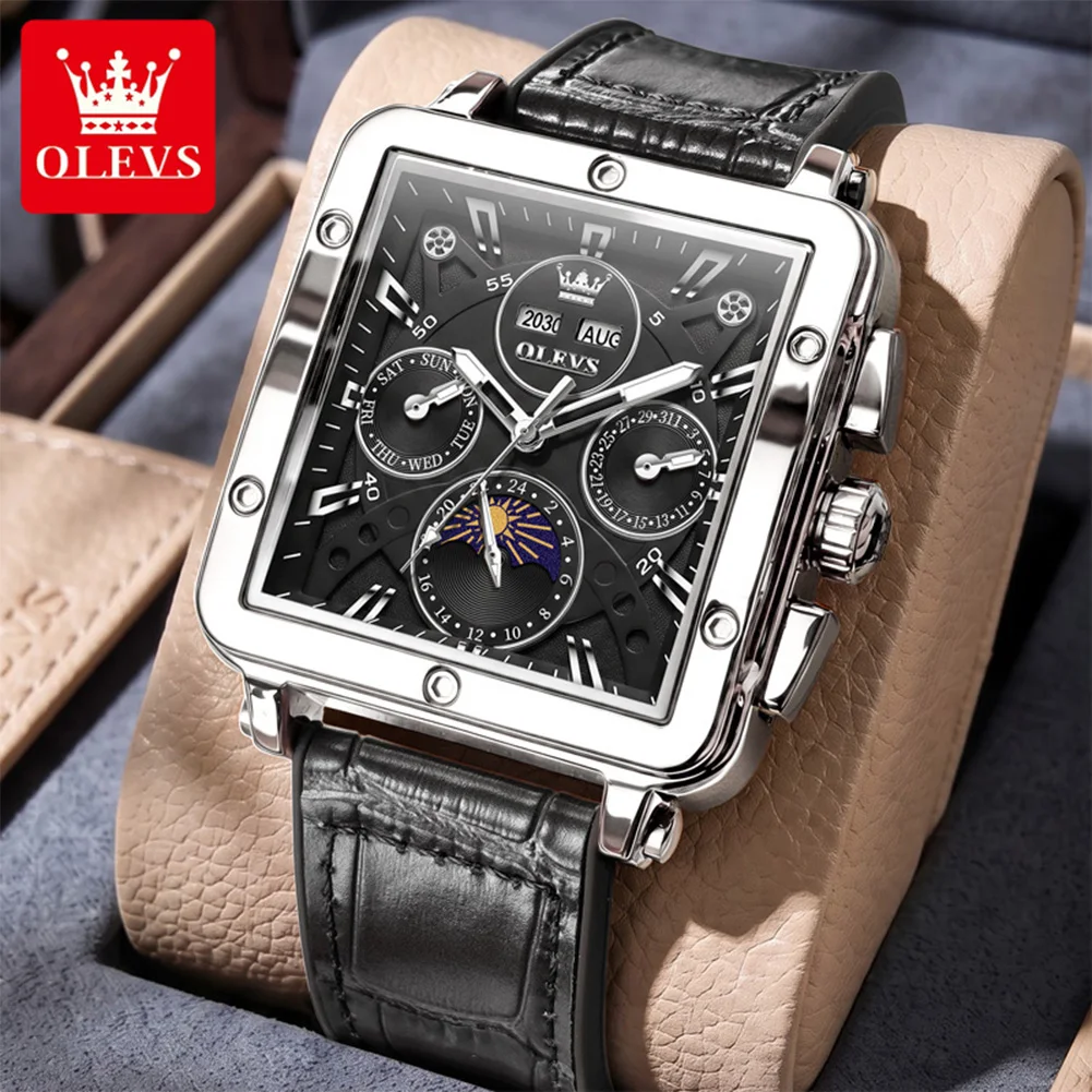 Fashion Luxury OLEVS Square Mechanical Watch Men Multifunction Genuine Leather Strap Waterproof Luminous Wristwatch 6749 New