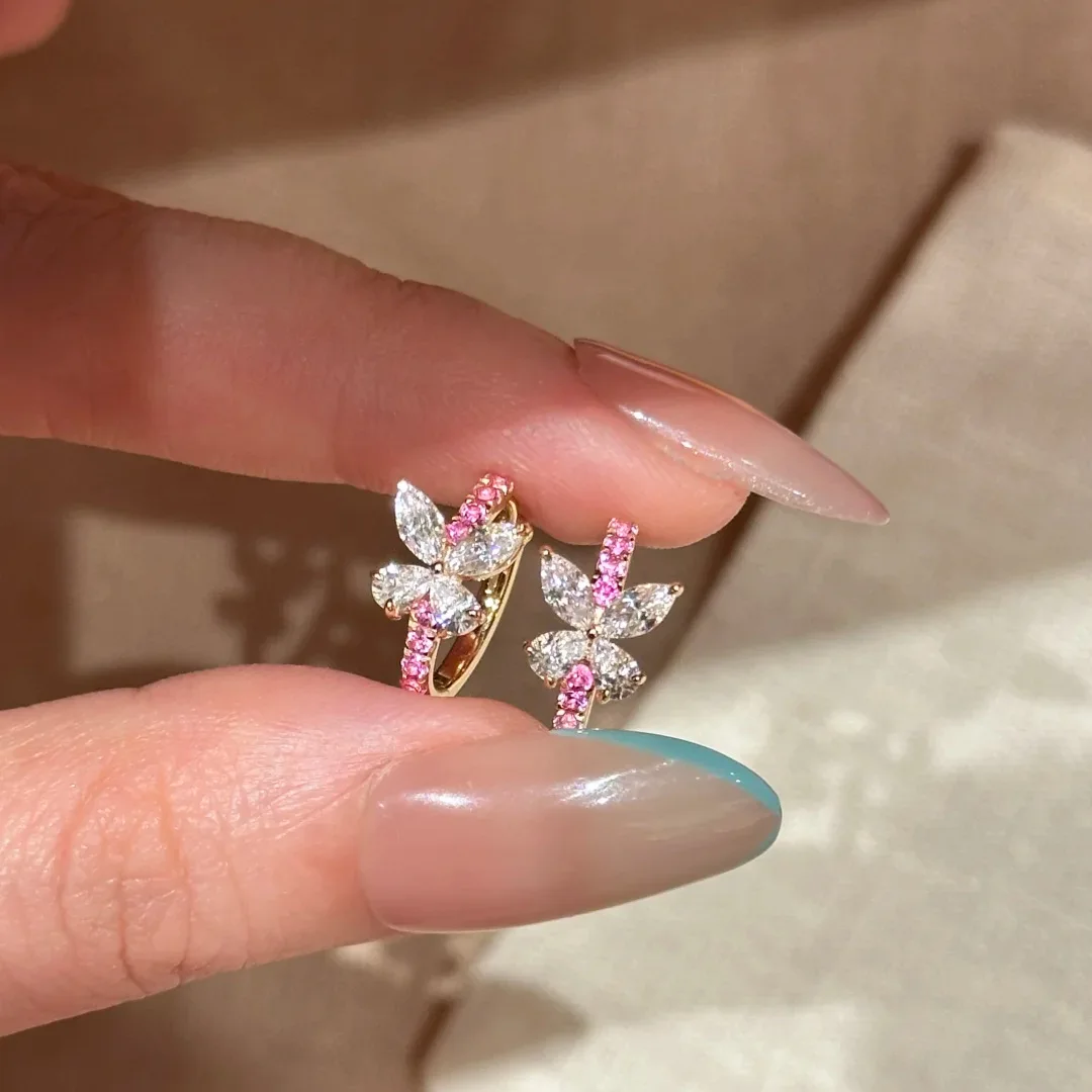 French Vintage 925 Sterling Silver Rose Red Corundum Zircon Bright Elegant Butterfly Ladies Ring Earrings