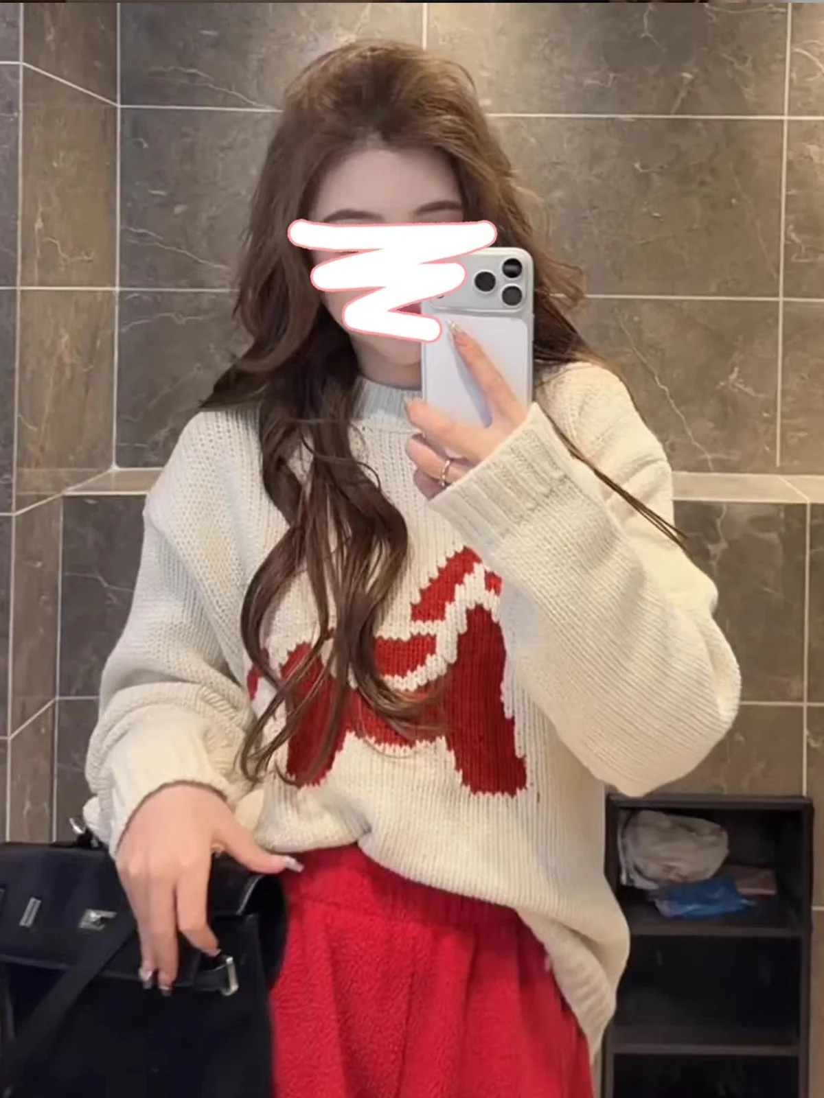 

Cartoon Pattern Loose Knitted Sweater Women's Red Casual Sle Spring New Arrival Versatile Comfortable Fit Top