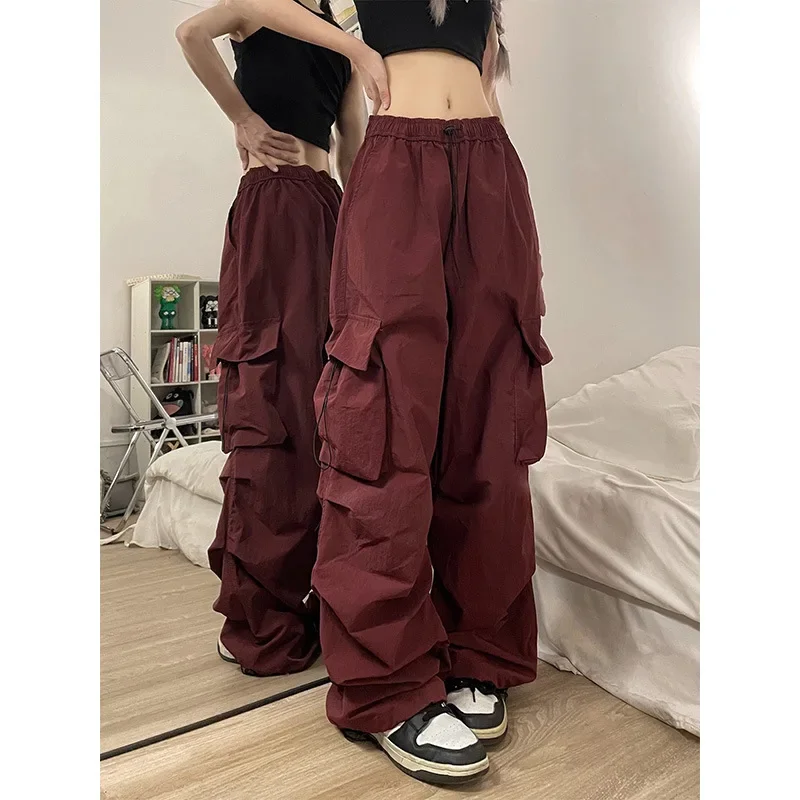 

VOLEEMI Women Pants Vintage Wide Leg Cargo Casual Solid Color Floor Length Loose Elegant Long Pant with Pockets korean style