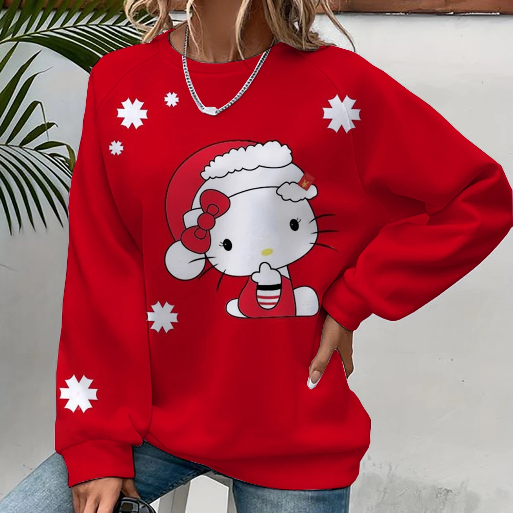 Hello Kitty Women\'s Printed Sweatshirt, Christmas High Street Women\'s Hoodie, Y2K Pattern Clothing, Casual Round Neck Sweater