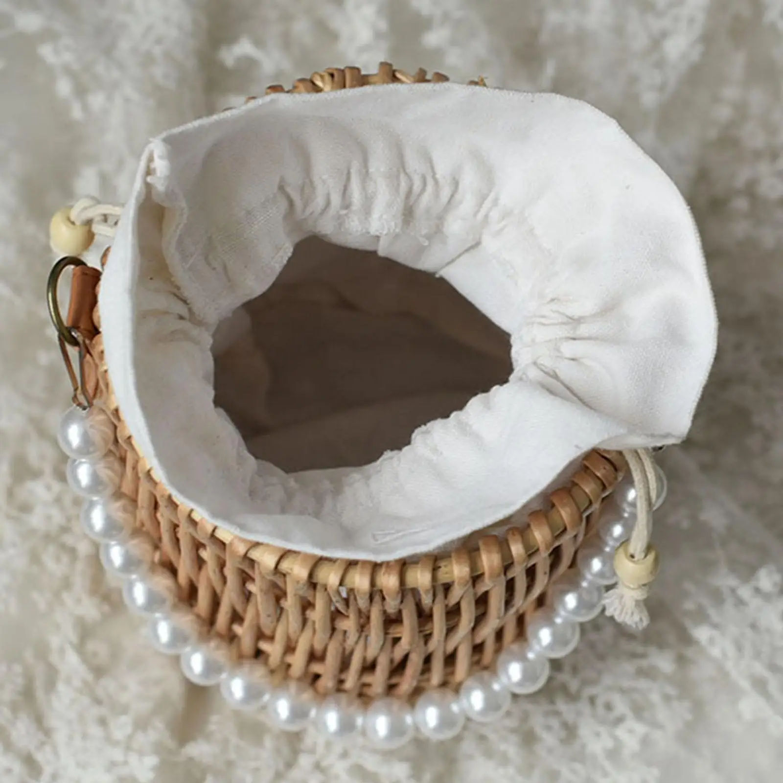 

Rattan Woven Bag Straw Handle Wicker Basket Pearl Chain Handbag Boho Style