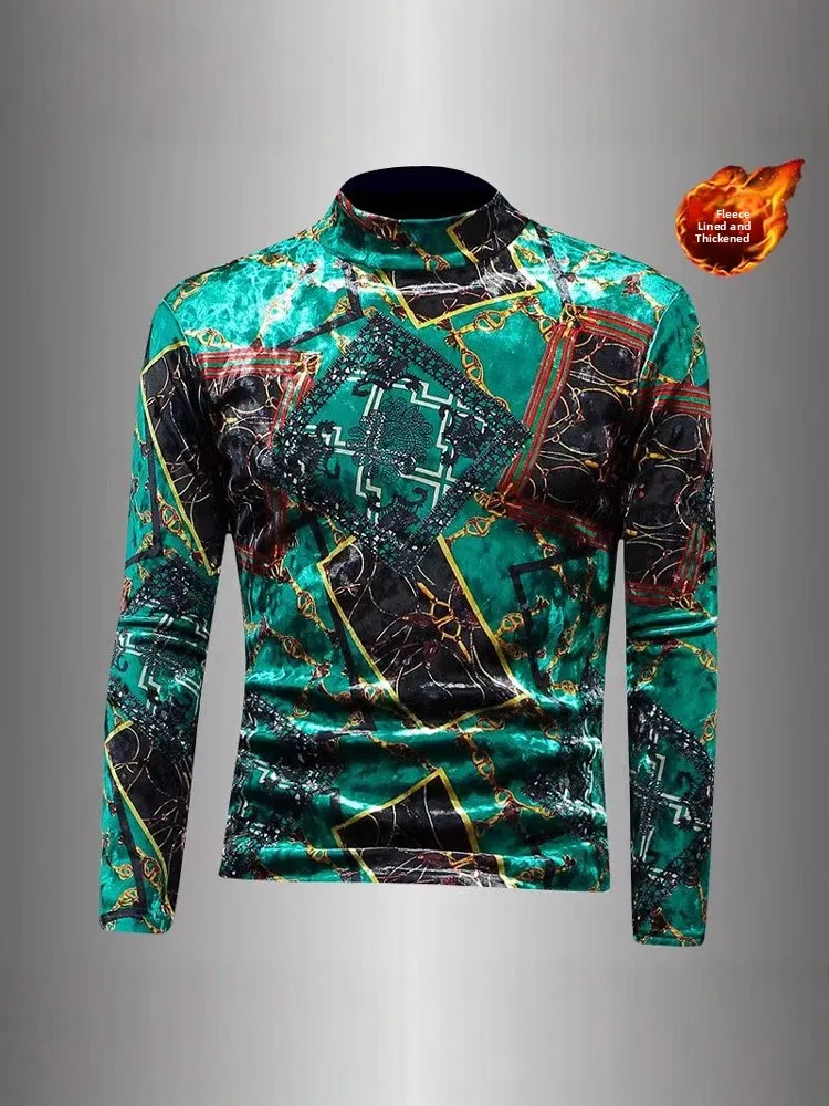 

Men's Long Sve T-irt High Ne Velvet Slim Fit Winter Faionable Inner Wear Geometric Pattern Chinese Brand Casual irt