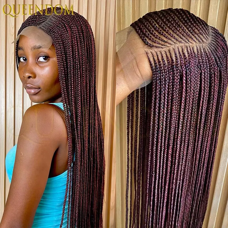 بورجوندي كامل الدانتيل مزدوجة شعر مستعار مضفر 36 ''فو لوكس شعر مستعار الجانب جزء كورنو صندوق للنساء السود مع شعر الطفل #2