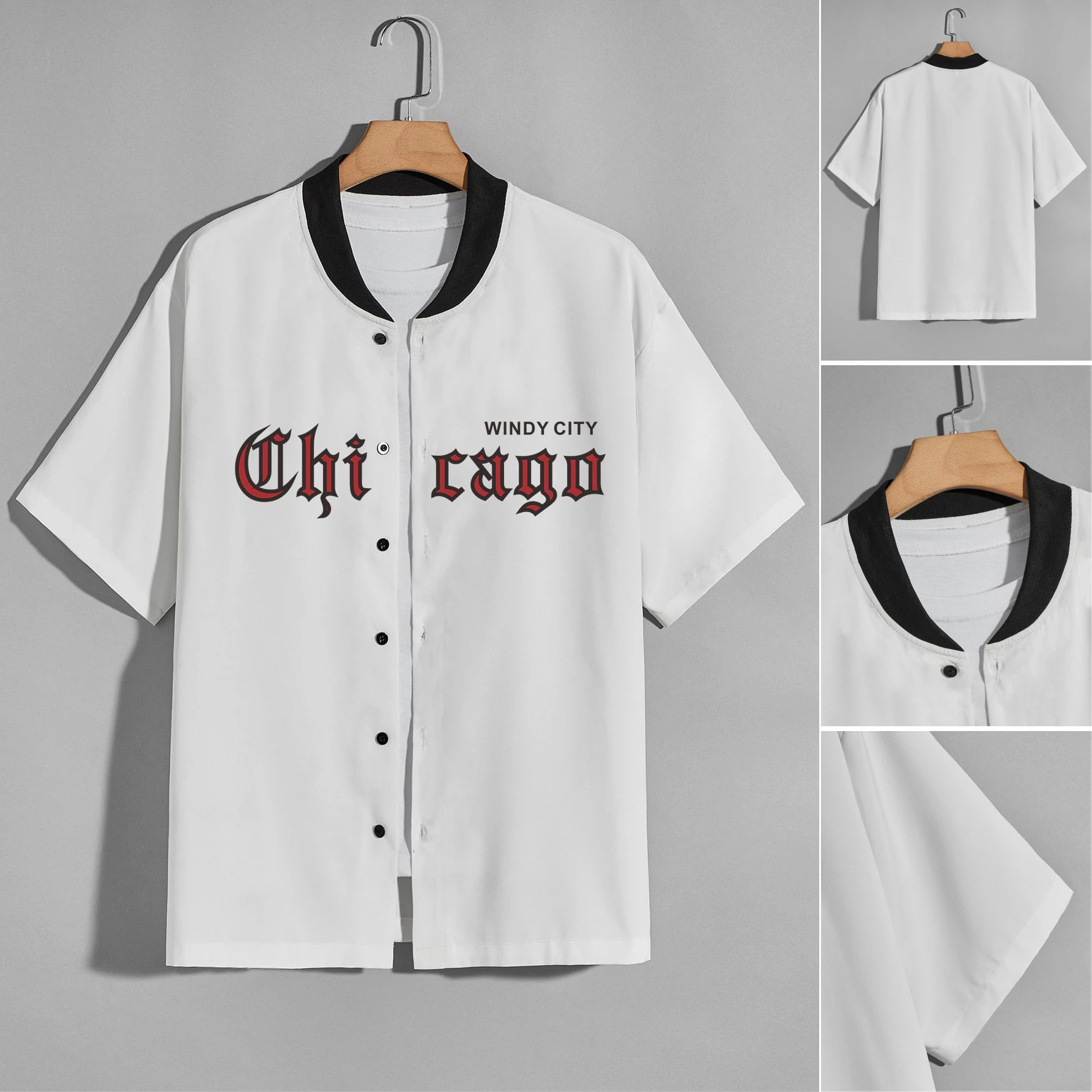 Men\'s Baseball Uniform Khaki Short Sleeve Letter Chicago Print Baseball Shirt Casual Street Hip Hop Shirt Top