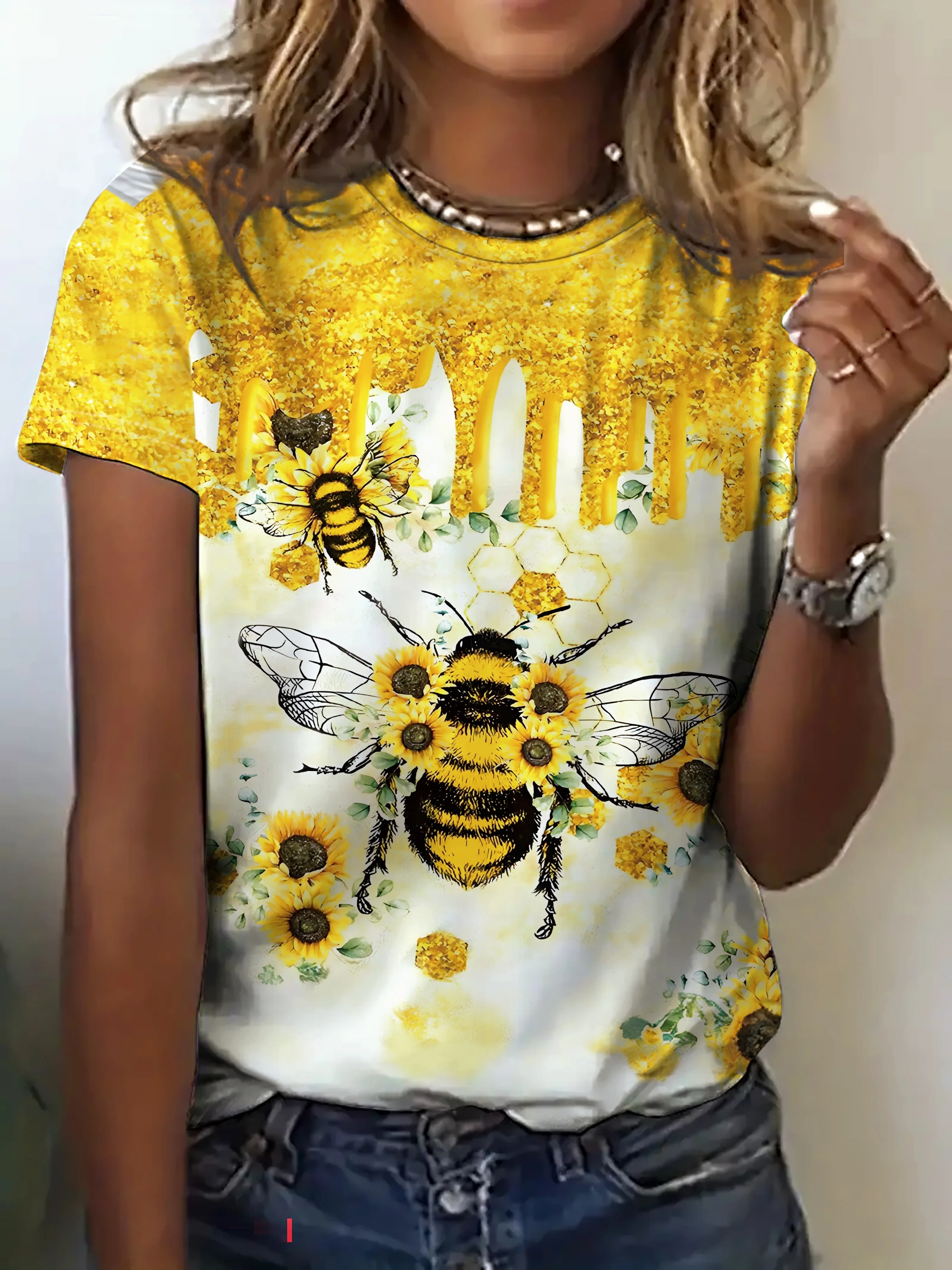 Women Crewneck Short Sleeve T-shirt Bee Sunflower Glitter Print Casual Summer Graphic Top