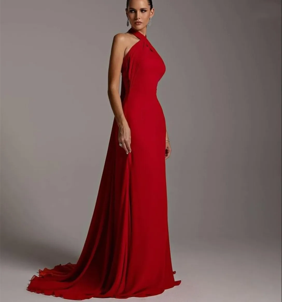 

Customized Long Crepe Evening Dresses Halter Mermaid Chiffon Pleated Watteau Train Wedding Guest Dress for Women