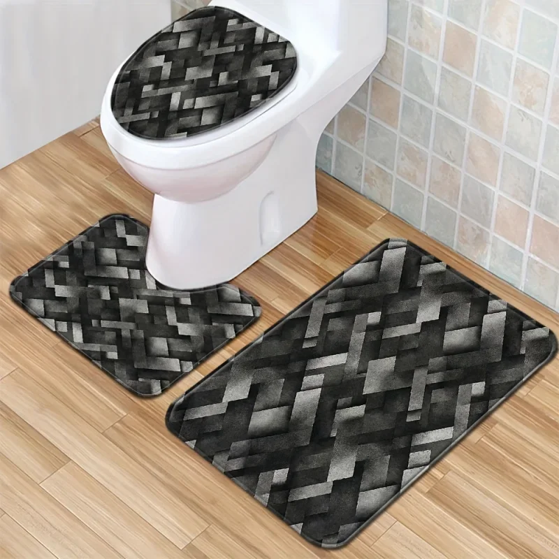 1/3pcs Black And Gray Geometric Pattern Floor Mat Set, Toilet Cover Rug, Bathroom Rug, Toilet Water Absorbent By Mat, Non-slip F