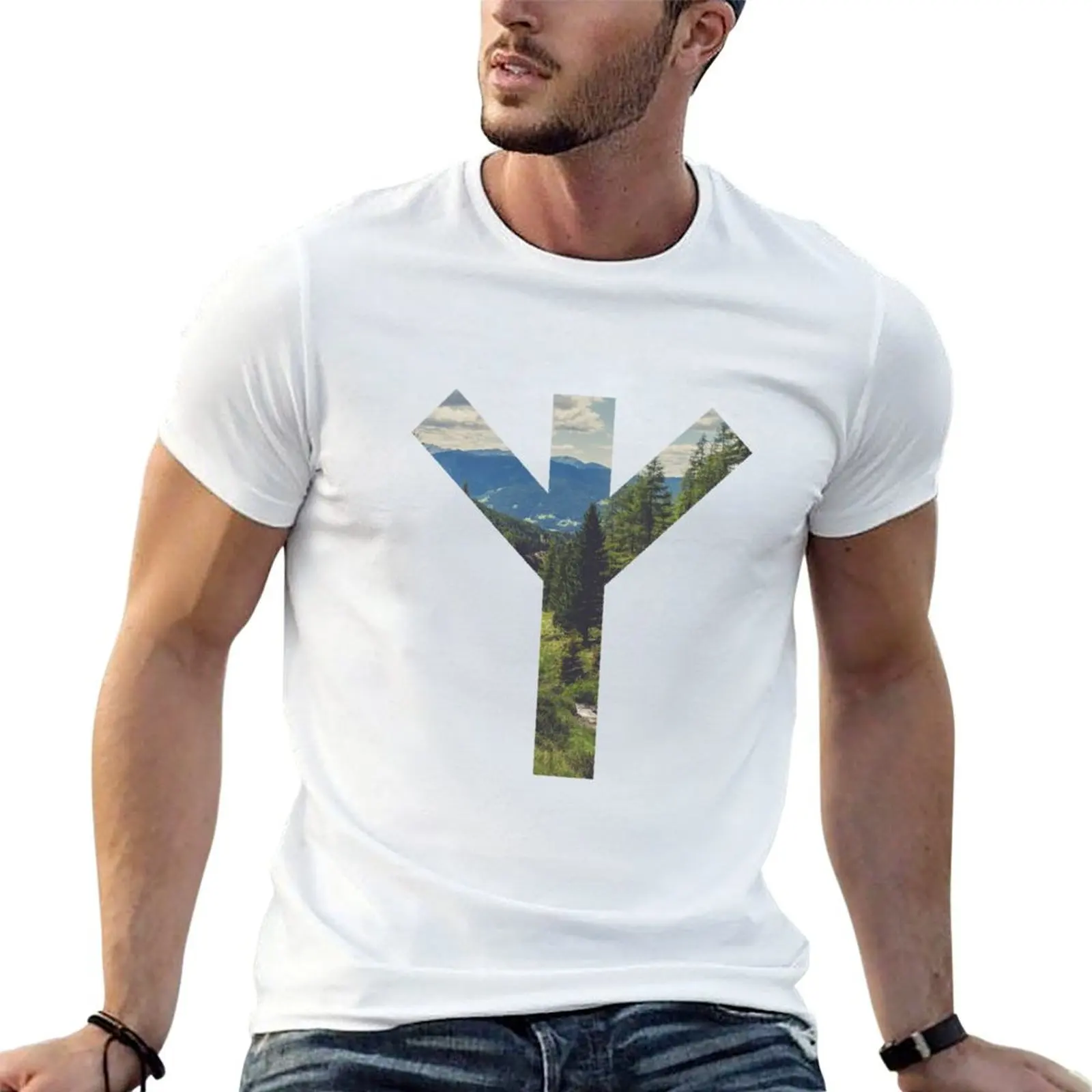 Algiz Forest Rune Symbol T-Shirt Vintage Print Crew Neck Tee