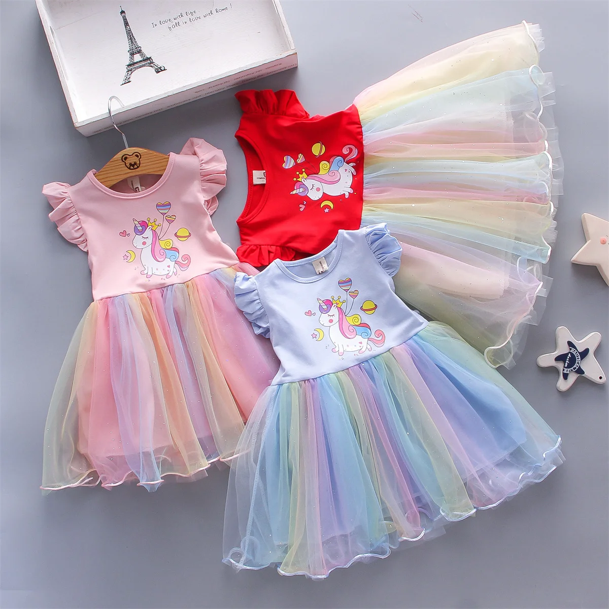 A Cute Girl\'S Dress From 0 To 3 Years Old In Summer Sleeveless Love Trojan Horse Print Patchwork Rainbow Mesh Daily Casual Dress