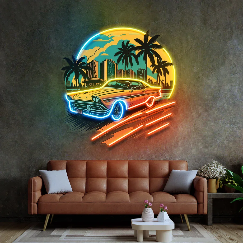 

Car Sunset Neon Sign Wall Art Decor UV Print LED Lights Boys Bedroom Landscape Night Lamp Game Room Bar Beer Man Cave Sign