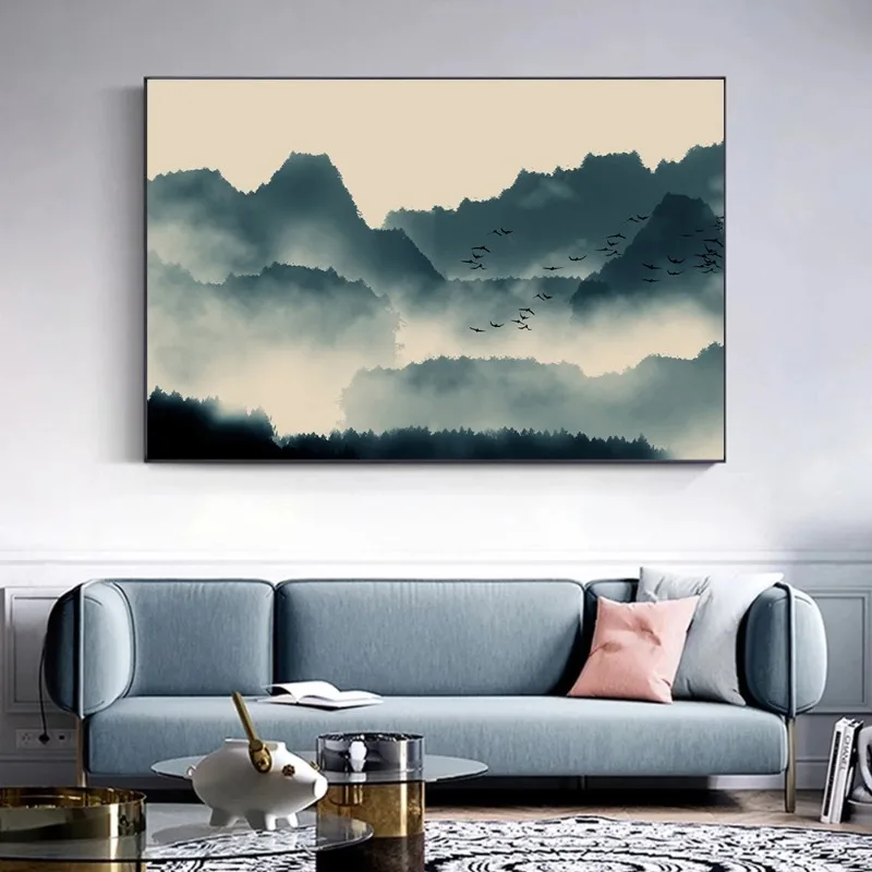 Chinese Ink and Water Landscape Poster Print Mountain Canvas Painting Wall Art Picture for Living Room Home Decoration Cuadros