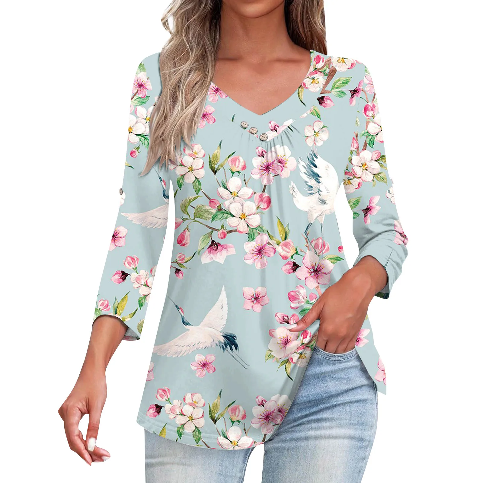 2024 Sprint Long Sleeve Elegant Women Tops Cactus Print Casual T Shirt For Women T-shirt Office Top Femme