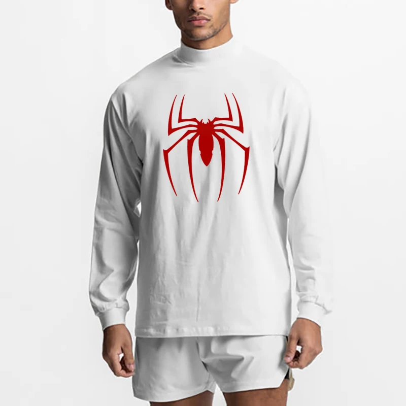 

Red Spider Print Oversize Loose Gym Fitness T-Shirt Turtleneck Long Sleeve Cotton Shirt Mens Bodybuilding Running Sport Tee Tops