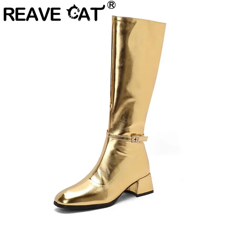 

REAVE CAT 2025 Женские сапоги до колена с круглым носком на массивном каблуке 4,5 см на молнии Серебро Золото Плюс Размеры 44 45 46 Модная обувь для свиданий
