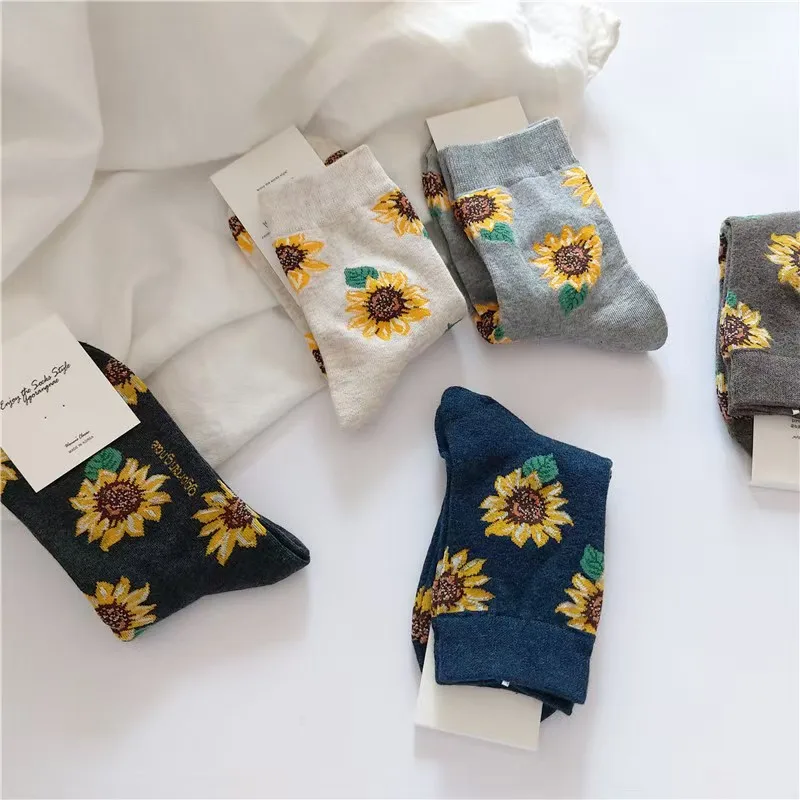 1/5 Double Spring Autumn Sunflower Damen-Mid-Tube-Baumwollsocken, Art Retro, antibakteriell, schweißabsorbierend, einfache Freizeitsocken
