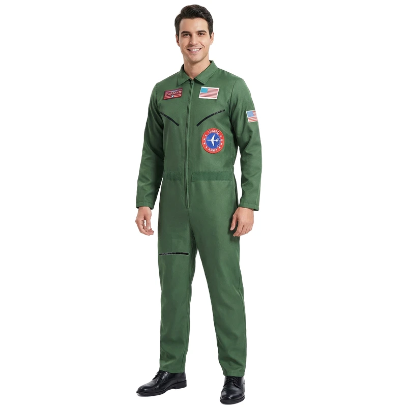 Stilvolles Pilotenkostüm für Herren mit Luftwaffenmuster, grüner Kampfjet-Anzug, Halloween-Kostüm für Erwachsene, Maskenball, Karneval