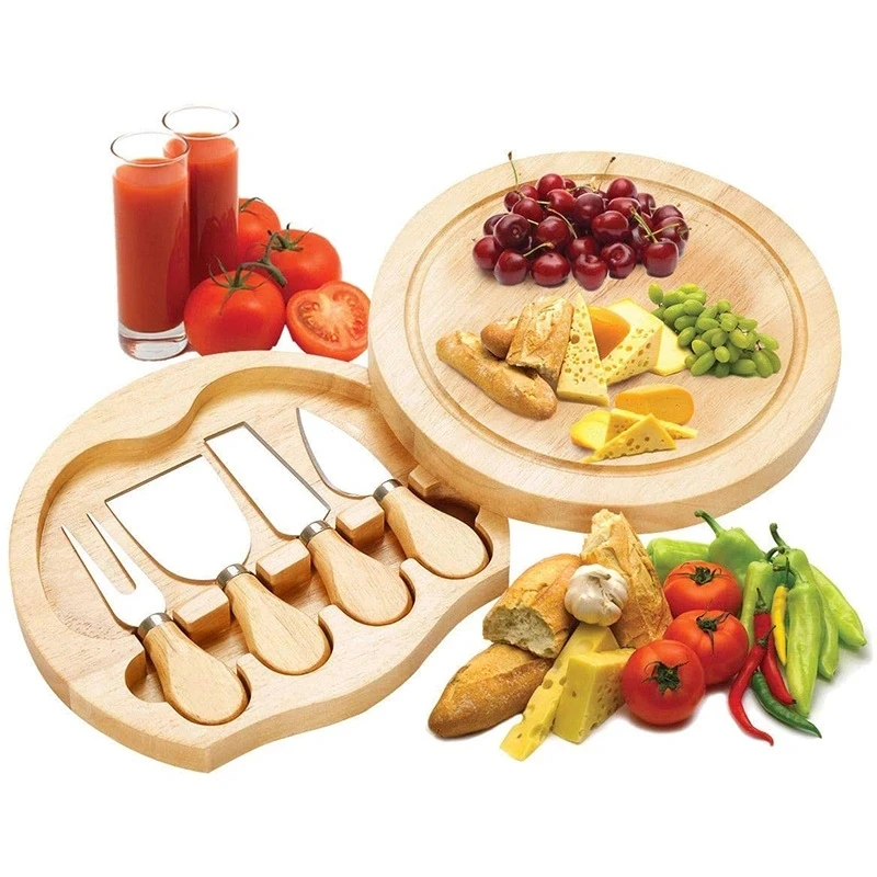 Cheese Board and Knife Set wood Round Charcuterie Board Set Serving Tray Cheese Cutting Board Includes 4 Stainless Steel Knife