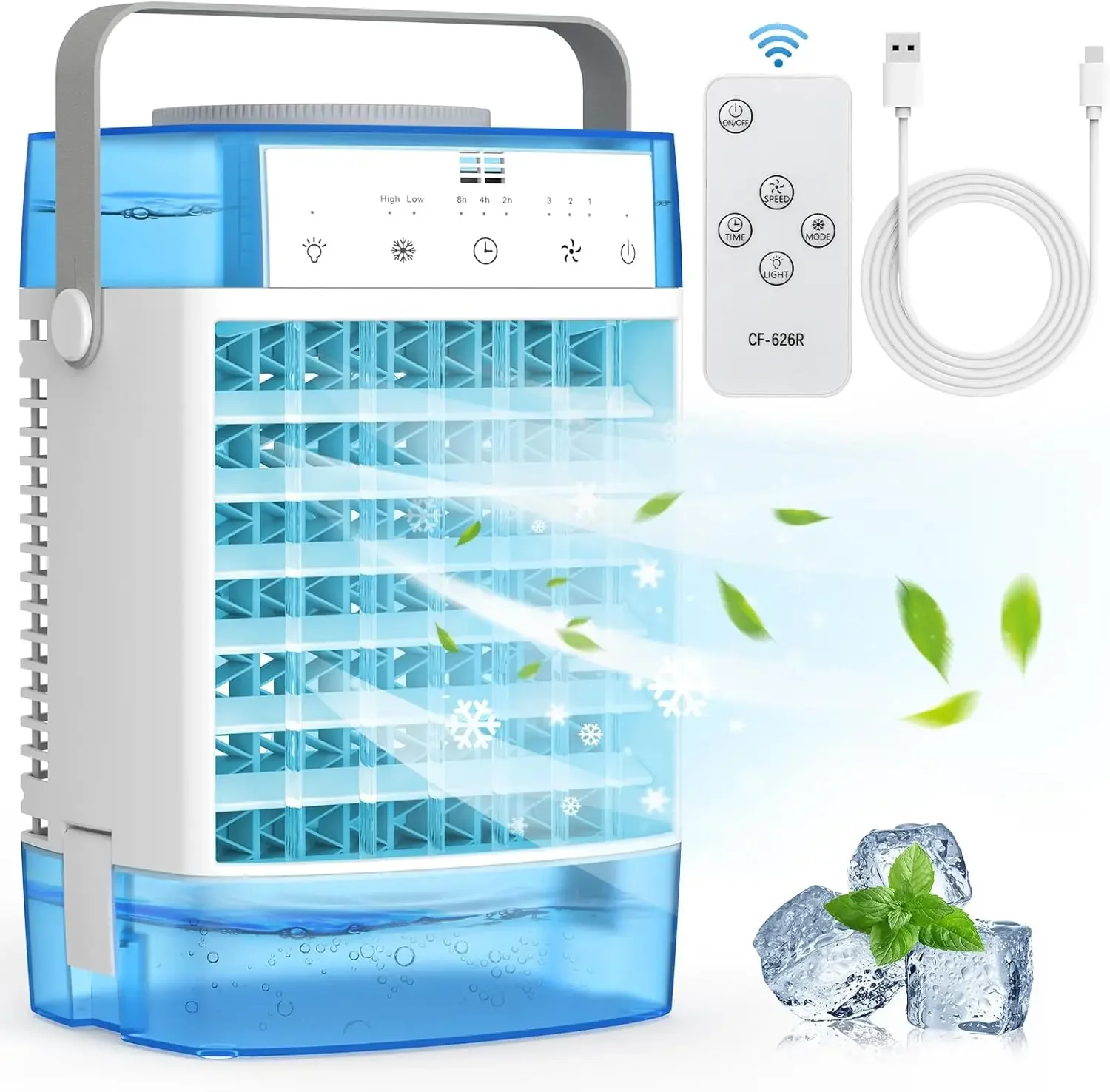 

Powerful 3 Speeds 1600ml Air Cooler with Remote Control - 7 Colors Evaporative AC Unit with Timer for Personal Home Use.