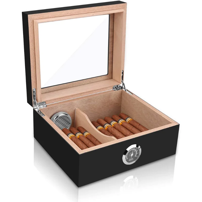 Cedar Wood Humidor Tabletop Box, Glass Top, Holds 25-50 Cigars Luxury Hygrometer and Humidifier