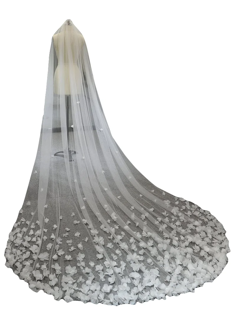 Bridal Veil Long Wedding Veil 3D Flowers Floral Lace White Luxurious Petals Veil for Bride With Comb velos de novia Cathedral