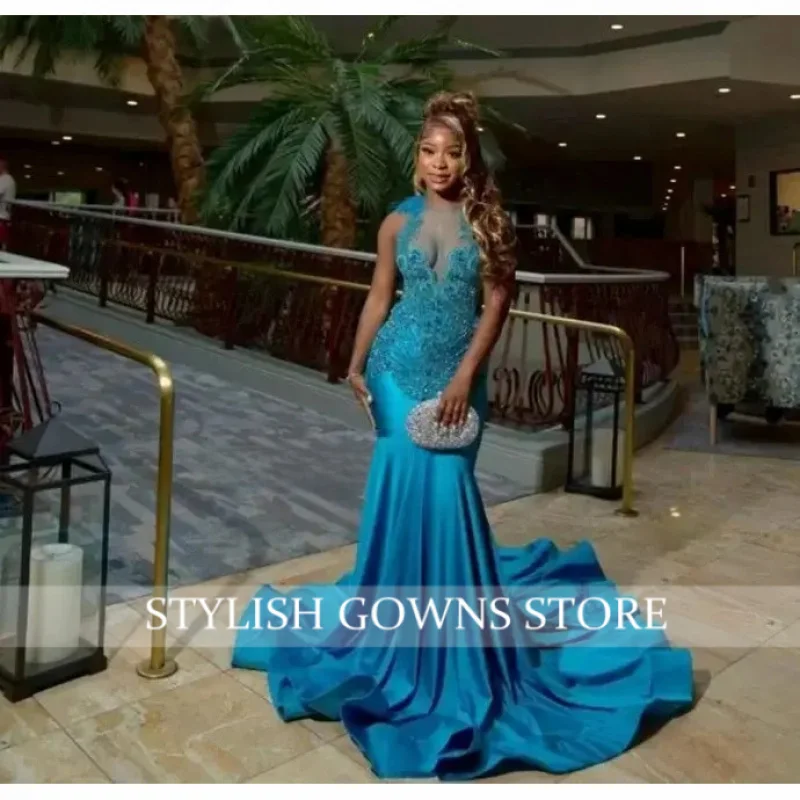 Luxury Blue Satin Mermaid Prom Dress Gorgeous Crystal Rhinestone Beaded Applique Black Girls Birthday Customized Dresses