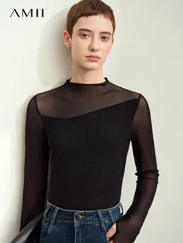 Amii minimalismo malha camisetas para mulher 2025 primavera nova senhora do escritório meia-alta pescoço micro perspectiva magro retro camisa 12423055