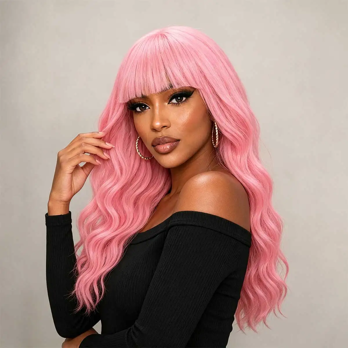 Pastel Pink Long Wavy Wig, Natural Looking Full Bangs SyntheticWig for Women Halloween Costume Daily Party Wear